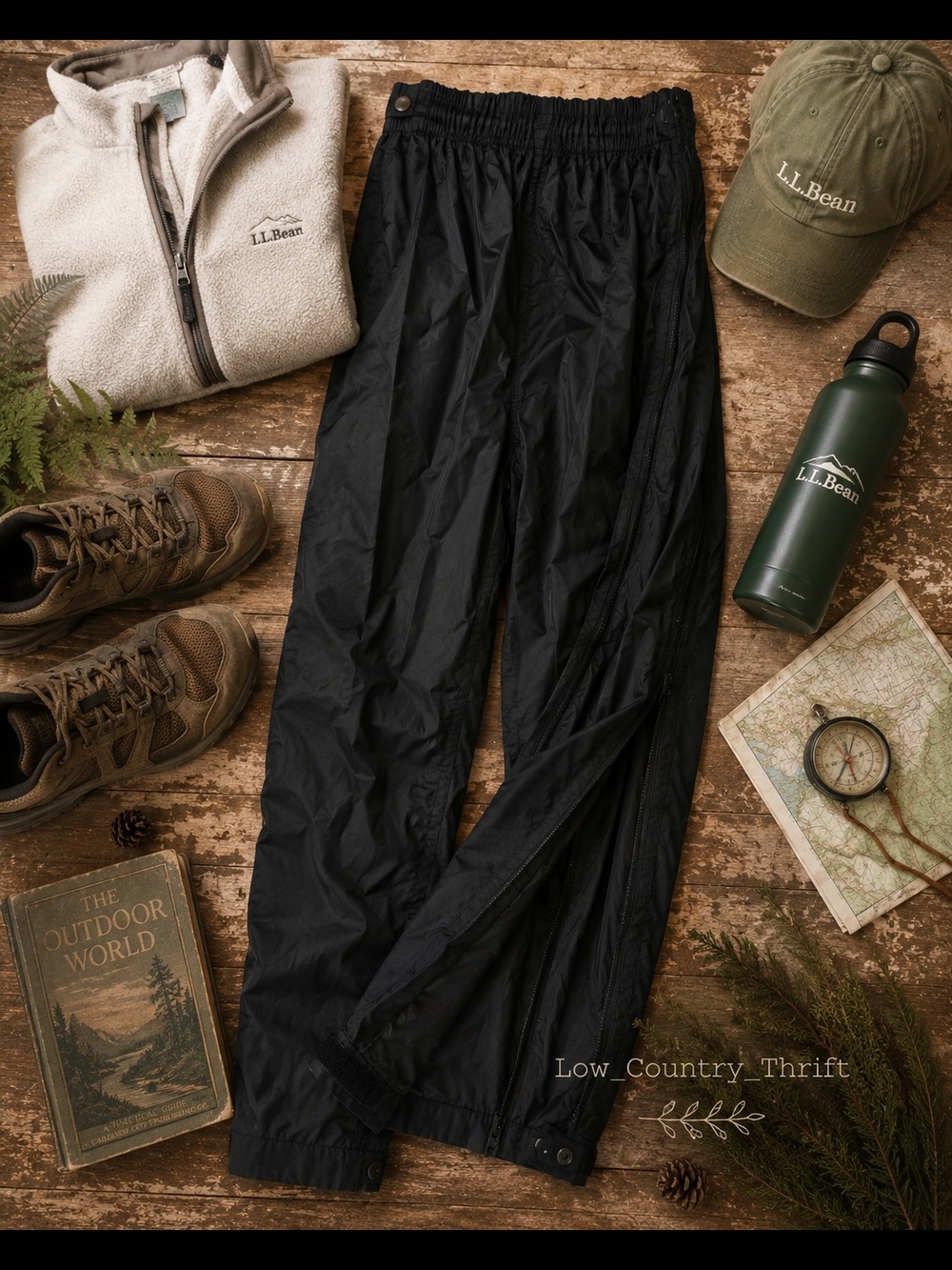 Vintage LL Bean Rain Pants Womens M Black Full Side Zip USA Made Gorpcore